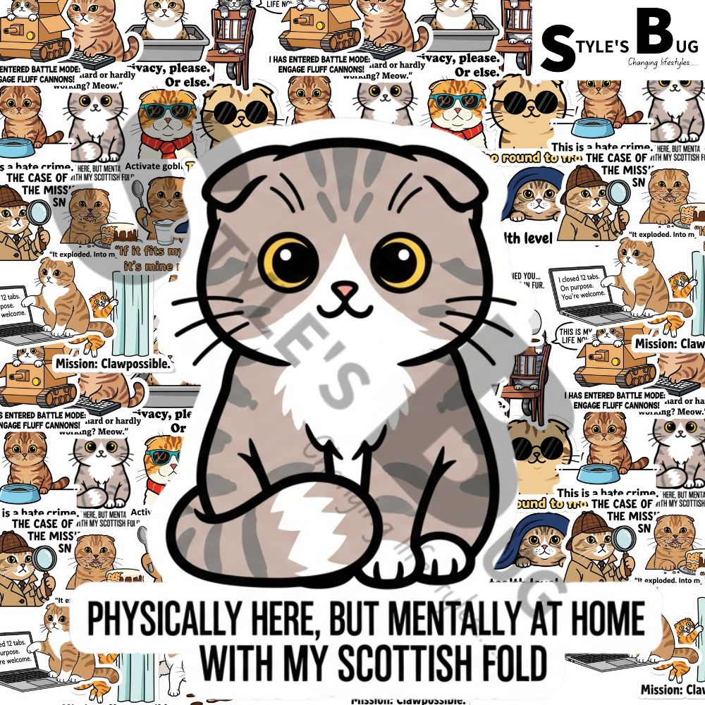 "Physically here but mentally, at home with my Scottish Fold" Sticker by Style's Bug