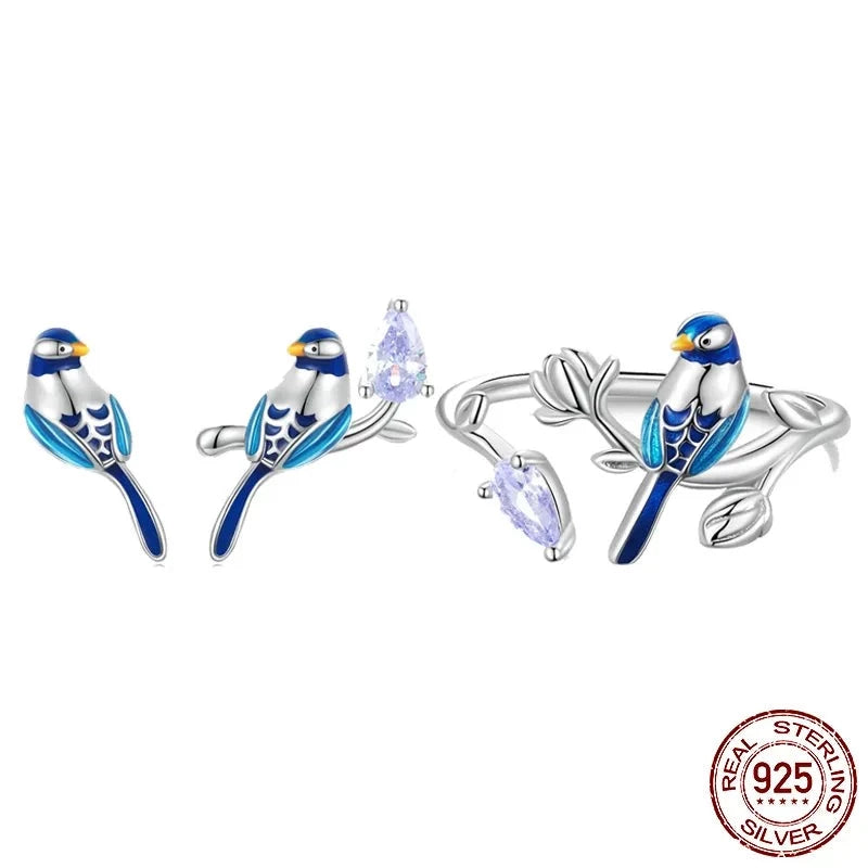 "Blue Budgie on the Silver branch" Jewelry Set