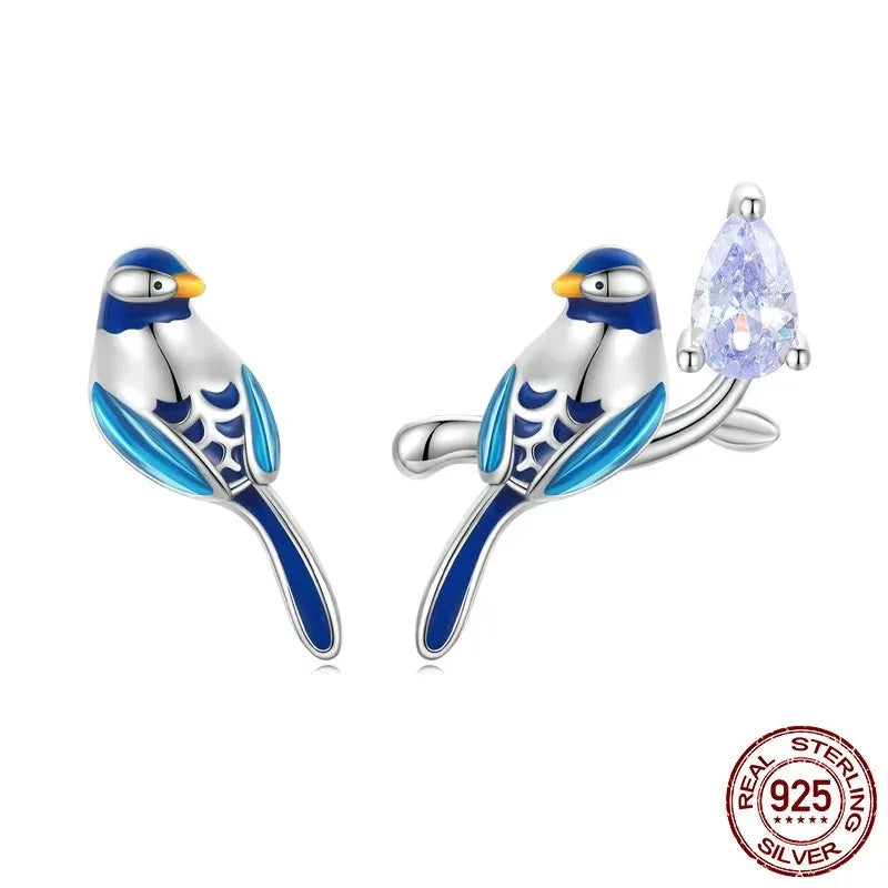 "Blue Budgie on the Silver branch" Jewelry Set