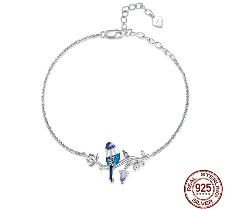 "Blue Budgie on the Silver branch" Jewelry Set