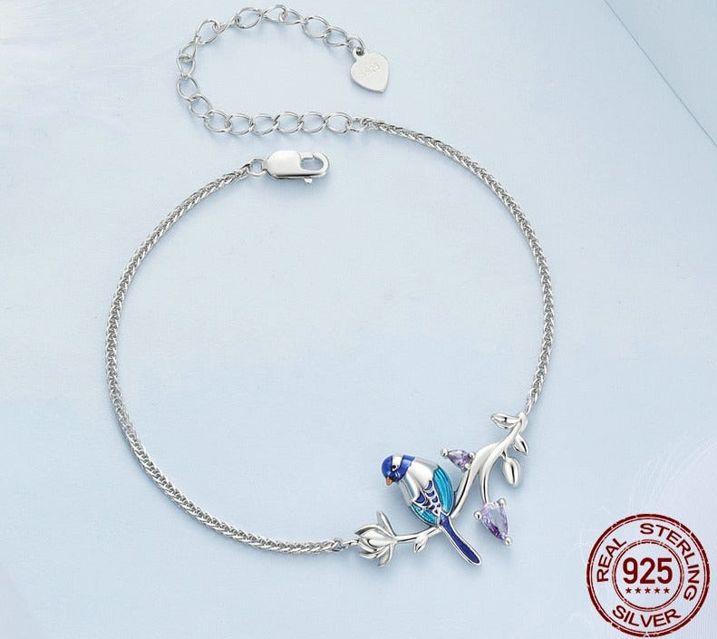 "Blue Budgie on the Silver branch" Jewelry Set