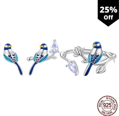 "Blue Budgie on the Silver branch" Jewelry Set