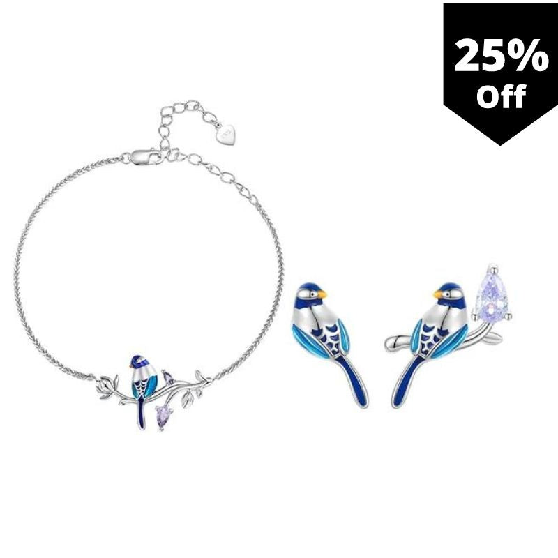 "Blue Budgie on the Silver branch" Jewelry Set